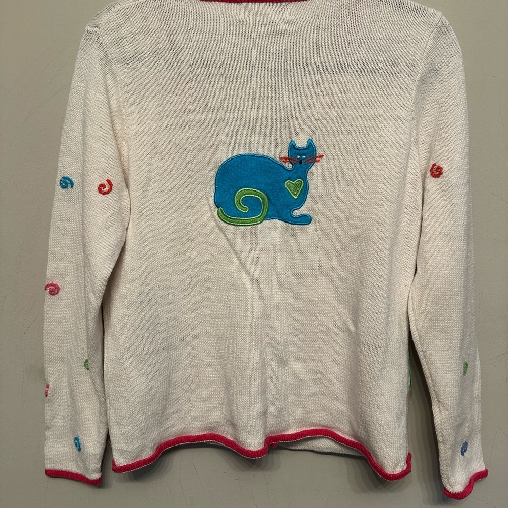 Vintage Y2K Era Timberlea Colorful & Chaotic Cat Embroidered Cardigan Medium - Picture 7 of 9